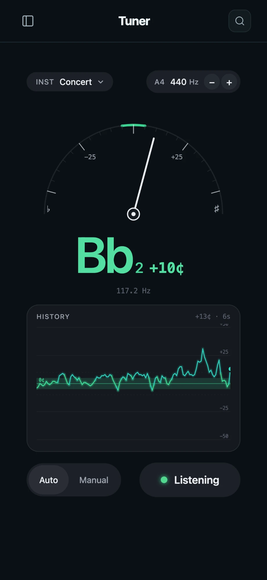 The ClefBoard tuner on an iPhone reading B-flat, 10 cents sharp, with a pitch history graph.