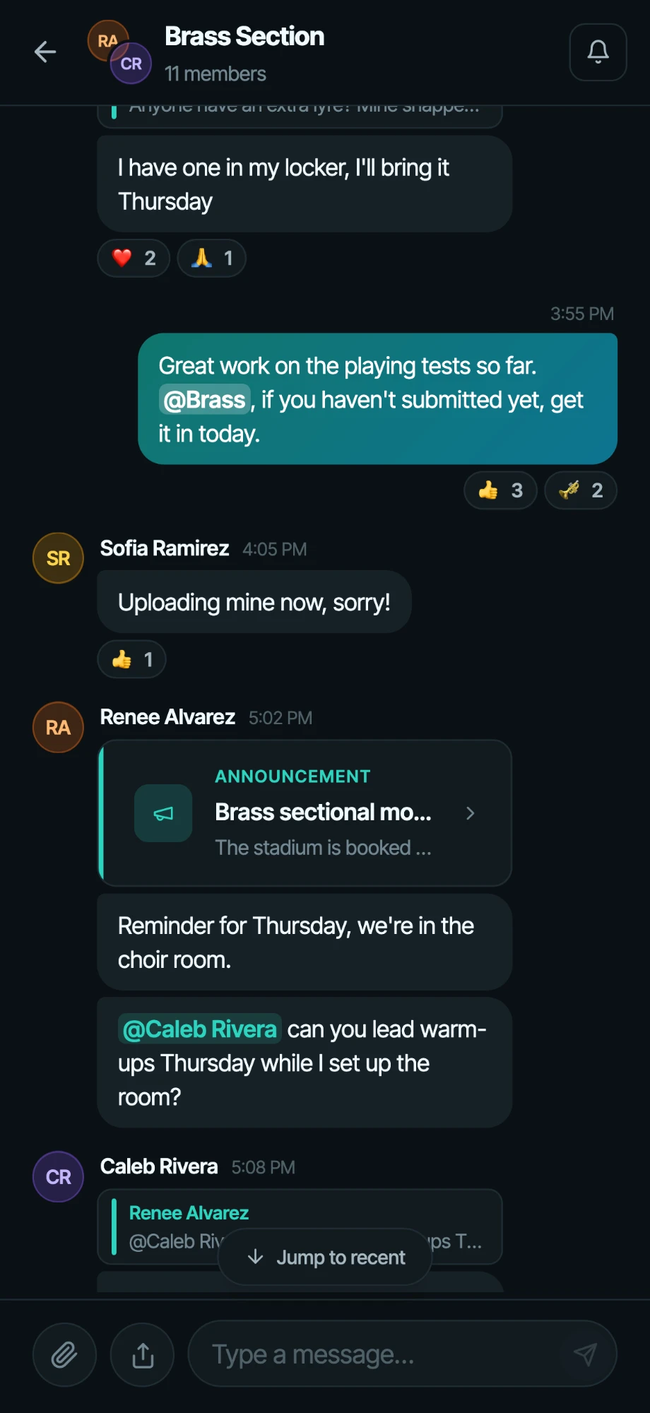 A ClefBoard group chat on an iPhone: the Brass Section thread with an @Brass mention from the director, emoji reactions, a shared announcement card, and an @mention of a student.
